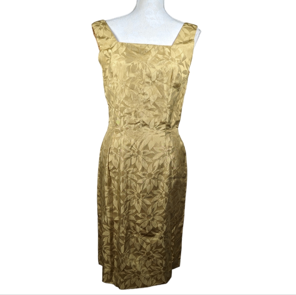 Vintage Hand Sewn Gold Floral Pattern Dress Size 6 to 8 Mid Length Pencil 1950s
